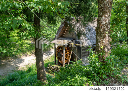 Traditional watermill surrounded by nature in Shirakawa-go, Japan 139321592