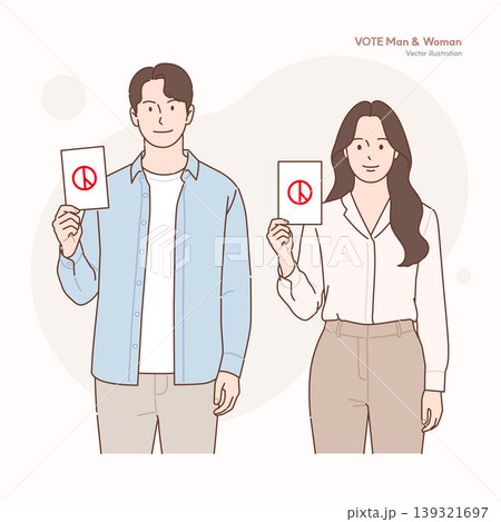 Man and Woman Holding Ballots with Red Vote Marks Vector Illustration for Election Campaign Man and Woman Holding Ballots with Red Vote Marks Vector Illustration for Election Campaign 139321697