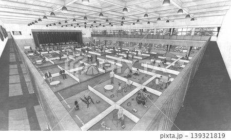 体育館に設置された避難所の様子(多くの人々が滞在)3DCG イラスト 体育館に設置された避難所の様子(多くの人々が滞在)3DCG イラスト 139321819