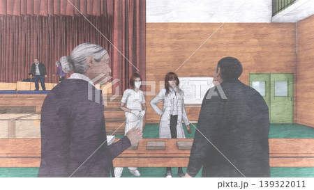 体育館に設置された避難所の様子（多くの人々が滞在）3DCG イラスト 139322011