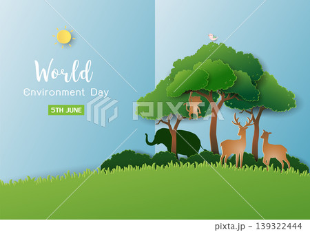 Poster campaign of world environment day ,animals with green forest on blue background Poster campaign of world environment day ,animals with green forest on blue background 139322444