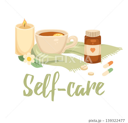Vector wellness card. Relaxing banner with calligraphy. Spa and bodycare. Illustration with scarf, candle, tea 139322477