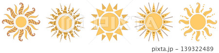 Decorative sun collection flat vector illustration with ornamental rays, boho style celestial symbols, warm summer sun set for branding and seasonal design Decorative sun collection flat vector illustration with ornamental rays, boho style celestial symbols, warm summer sun set for branding and seasonal design 139322489