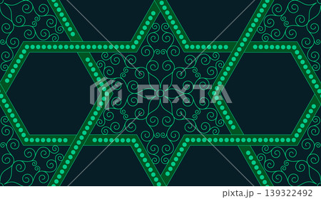 Seamless luxury hexagon design with green swirls and rich colors. Classic ornamental pattern with green filigree inside geometric shapes 139322492