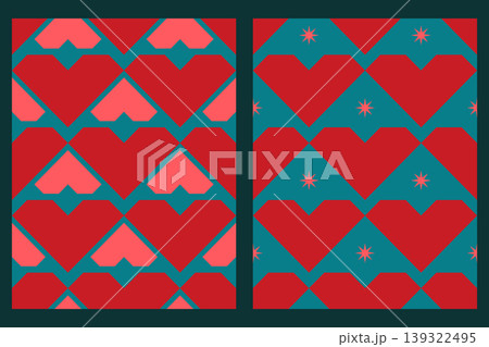 Modern repeating heart pattern with teal and coral palette. Valentine geometric heart seamless pattern red teal background Modern repeating heart pattern with teal and coral palette. Valentine geometric heart seamless pattern red teal background 139322495