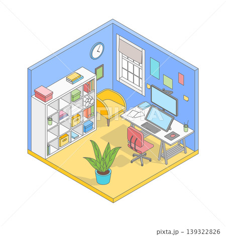 Vector isometric cute cartoon simple workroom of designer or artist. Room with white modern furniture, table with computer, office chair, rack, cabinet and large window. Minimalist modern interior Vector isometric cute cartoon simple workroom of designer or artist. Room with white modern furniture, table with computer, office chair, rack, cabinet and large window. Minimalist modern interior 139322826