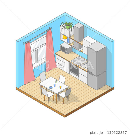 Vector isometric cute cartoon simple Kitchen. Kitchen with modern furniture, refrigerator, oven, stove, shelves and large window. Minimalist modern interior 139322827