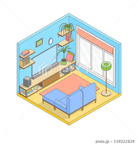 Vector isometric cute cartoon simple living room. Living room with wooden modern furniture, tv, sofa, floor lamp, shelves and large window. Minimalist modern interior 139322829