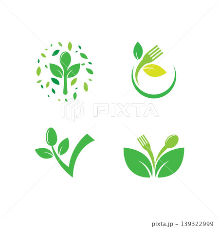 Green fork spoon and leaves Green fork spoon and leaves 139322999