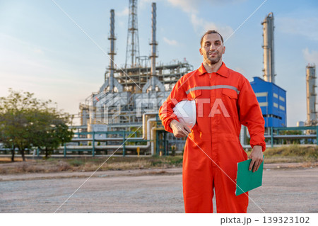Caucasian Male Site Manager 30s Holding Clipboard at Chemical Refinery Europe for Energy Production 139323102