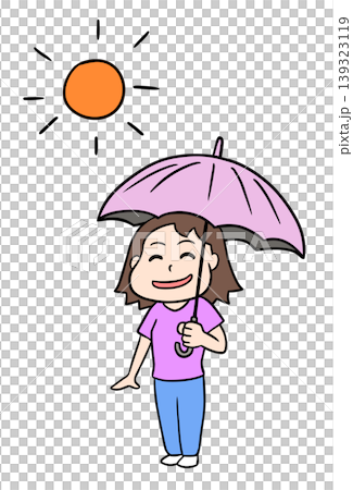 插圖描繪了一位女性使用陽傘保護自己免受陽光直射和紫外線照射，以防止中暑。 139323119