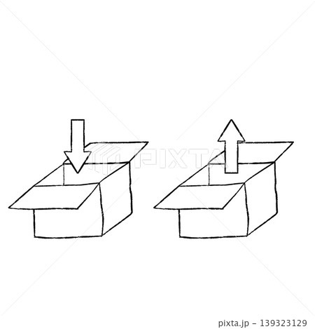 Open cardboard box sketch, hand drawn package with arrows. Shipping logistics delivery concept, cargo transport icon set. Black ink doodle. Open cardboard box sketch, hand drawn package with arrows. Shipping logistics delivery concept, cargo transport icon set. Black ink doodle. 139323129
