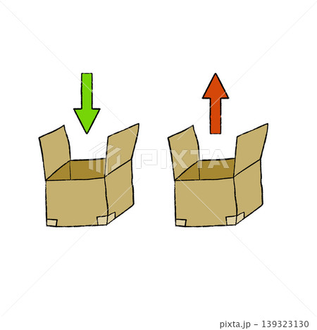 Cardboard box set, open paper package with green down and red up arrows. Delivery shipping service, import export trade logistics icons. Brown cardboard box container. Cardboard box set, open paper package with green down and red up arrows. Delivery shipping service, import export trade logistics icons. Brown cardboard box container. 139323130