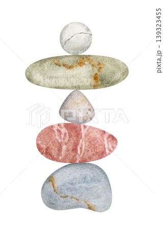 Balanced stones watercolor illustration, harmony and mindfulness concept Balanced stones watercolor illustration, harmony and mindfulness concept 139323455