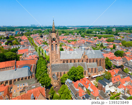 Panoramic aerial view above Oude Kerk in Delft, Netherlands 139323849