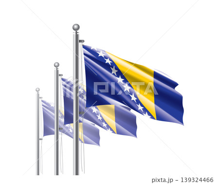 Brightly shining Bosnia and Herzegovina flags wave proudly on tall masts during official celebration events Brightly shining Bosnia and Herzegovina flags wave proudly on tall masts during official celebration events 139324466