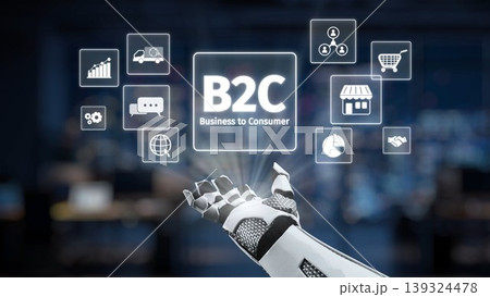 Advanced Robotic Hand Interacting with Digital B2C Icons Representing Modern Business to Consumer Concepts in a High-Tech Environment Synapse 139324478