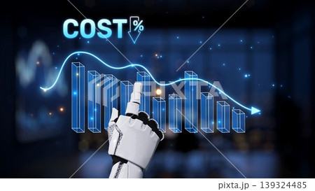 Robotic Hand Displaying Cost Reduction Graph in a Modern Office Environment with Business Elements and Data Visualizations Synapse 139324485