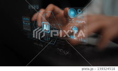 A close-up view of hands typing on a keyboard, enhanced by graphics depicting artificial intelligence and data visualization elements, illustrating modern technology use. Sigmoid 139324518