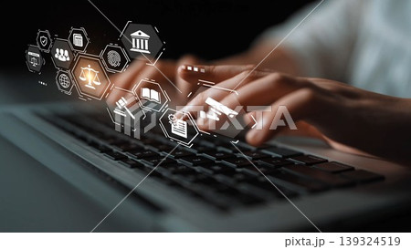 Modern Legal Technology and Digital Justice Concept with Hands Typing on Laptop and Floating Law Symbols in Dark Theme Gluon Modern Legal Technology and Digital Justice Concept with Hands Typing on Laptop and Floating Law Symbols in Dark Theme Gluon 139324519