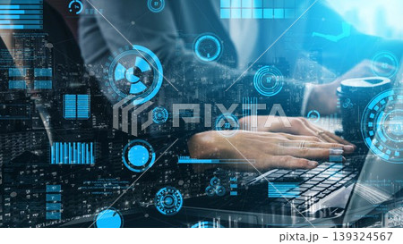Hands on Keyboard with Digital Data Overlay Featuring Business Analytics and Technology in Urban Environment for Corporate Use xenic 139324567