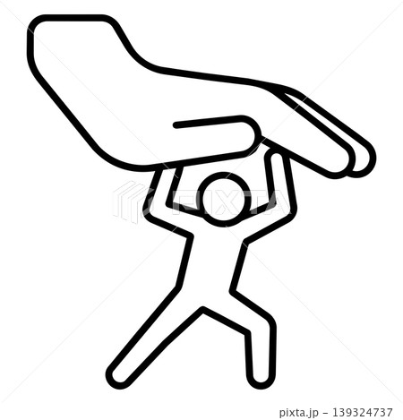 Minimalist line art icon of a small stick figure pushing up against a giant oppressive hand, symbolizing resistance, pressure, and heavy burden. Minimalist line art icon of a small stick figure pushing up against a giant oppressive hand, symbolizing resistance, pressure, and heavy burden. 139324737