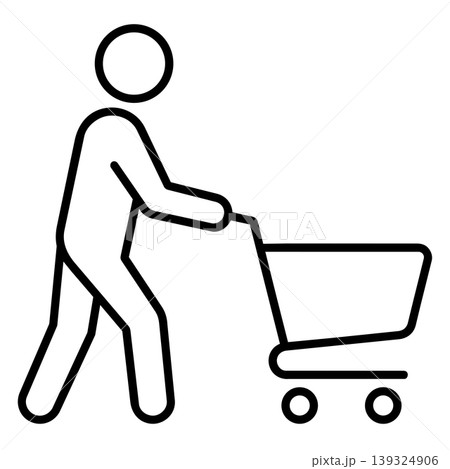 Minimalist line art stick figure icon pushing a shopping cart. Vector illustration of supermarket shopping and retail. Minimalist line art stick figure icon pushing a shopping cart. Vector illustration of supermarket shopping and retail. 139324906