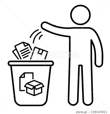 Line art stick figure throwing paper documents and cardboard box into a recycling bin. Vector icon of paper waste sorting. Line art stick figure throwing paper documents and cardboard box into a recycling bin. Vector icon of paper waste sorting. 139324911