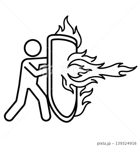 Line art stick figure holding a shield to block a blast of fire. Vector icon of firewall, cybersecurity, and defense. Line art stick figure holding a shield to block a blast of fire. Vector icon of firewall, cybersecurity, and defense. 139324916