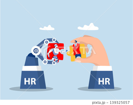 Hand HR put new joiner to connect,businessmen with ai or Artificial Intelligence robot on jigsaw puzzle, new joiner to fill in team and solve problem,put right man in the right job Hand HR put new joiner to connect,businessmen with ai or Artificial Intelligence robot on jigsaw puzzle, new joiner to fill in team and solve problem,put right man in the right job 139325057