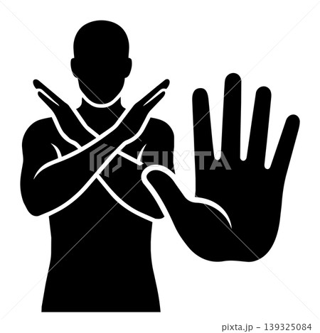 Black silhouette of a muscular male figure with crossed arms making an X sign. Vector contour illustration of a stop, rejection, or defense gesture. 139325084