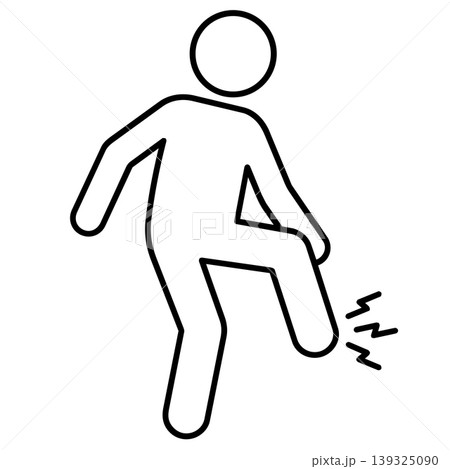 Minimalist line art stick figure icon suffering from leg pain, foot injury, or muscle cramp. Vector illustration. 139325090