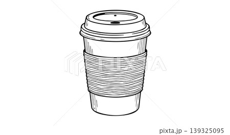 Hand drawn vector line art illustration of a takeaway paper coffee cup with lid and sleeve. 139325095