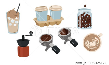 Coffee making equipment and drinks set flat vector illustration 139325179