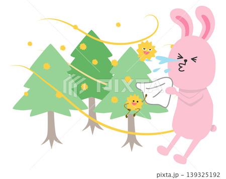 杉の木の花粉でくしゃみが止まらないウサギのイラスト 139325192