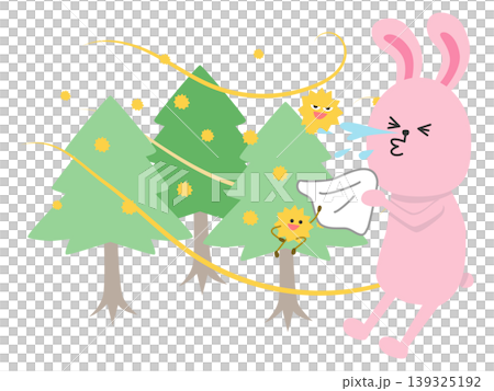 杉の木の花粉でくしゃみが止まらないウサギのイラスト 139325192