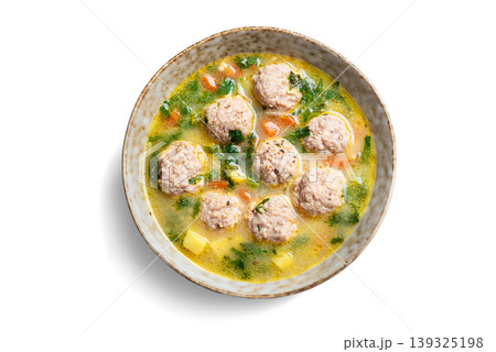 Homemade meatball soup isolated Homemade meatball soup isolated 139325198