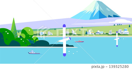 富士山と海を望む街並みのフラットデザインイラスト。クリーンパスで編集可能なベクター背景素材（コピース 139325280