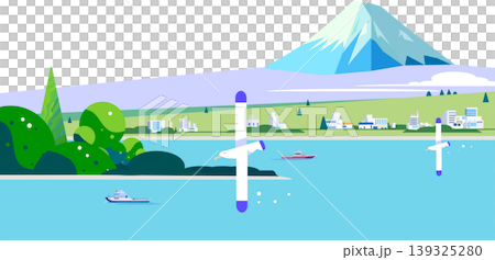 富士山と海を望む街並みのフラットデザインイラスト。クリーンパスで編集可能なベクター背景素材（コピース 139325280