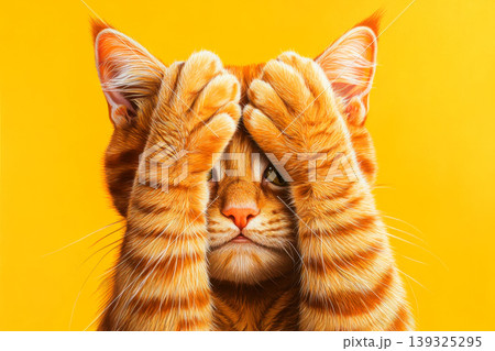 Shy cat, worried orange tabby cat, depressed poor kitty, unhappy orange tabby kitten isolated on yellow background, concept of mental health, depression, anxiety, shy and anti social. Shy cat, worried orange tabby cat, depressed poor kitty, unhappy orange tabby kitten isolated on yellow background, concept of mental health, depression, anxiety, shy and anti social. 139325295