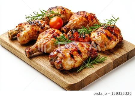 Grilled chicken with rosemary and grilled vegetables on isolated white background. Grilled chicken with rosemary and grilled vegetables on isolated white background. 139325326