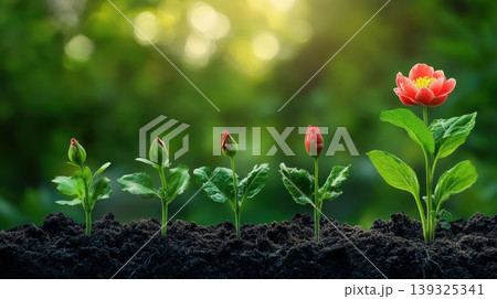 flower plants in different growth stages on blur green background. flower plants in different growth stages on blur green background. 139325341