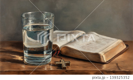Bible and crosses on wooden table,. Religion of Christianity 139325352
