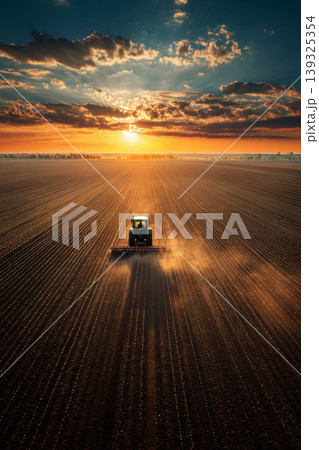 agricultural cabbage field and farmers with tractor working at sunset helps to grow plants in the dry season. Beautiful sunny landscape rural scene 139325354