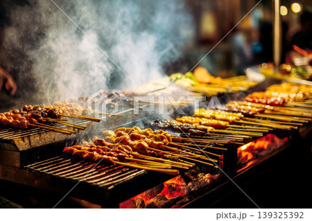 Grilling satay skewers over charcoal with flames at an outdoor cooking station. 139325392