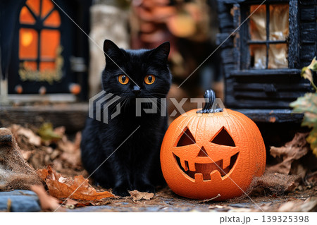 A black cat wearing a witch hat sits on an orange pumpkin, holding a magic wand.. Concept: Playful Halloween Cat A black cat wearing a witch hat sits on an orange pumpkin, holding a magic wand.. Concept: Playful Halloween Cat 139325398