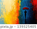 oil paint a person standing on a abstract in the rain background , holding an umbrella above their head. 139325405