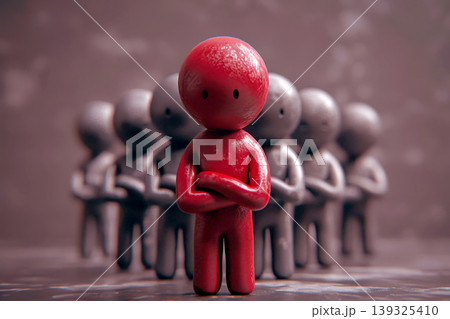 A red man stands out in a grey crowd . A red man stands out in a grey crowd . 139325410
