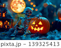 Cartoon skeleton holding two jack-o'-lanterns. Halloween pumpkin on table. 139325413