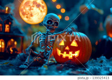 Cartoon skeleton holding two jack-o'-lanterns. Halloween pumpkin on table. Cartoon skeleton holding two jack-o'-lanterns. Halloween pumpkin on table. 139325413